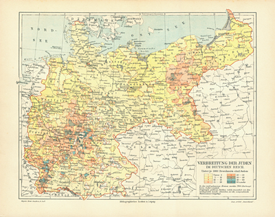 Verbreitung der Juden im Deutschen Reich, uit: Meyers Konversations Lexikon 6e dr., Leipzig 1906